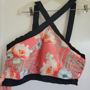 CACIQUE BY LANE BRYANT Coral Pink Tropical Floral Print Halter Swim Top Sz 20